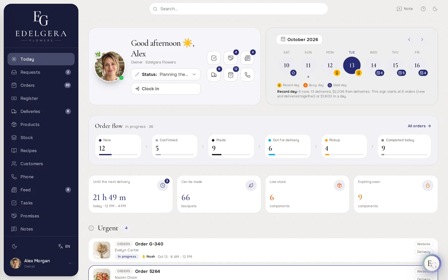 The Today screen: the order flow and the day's work